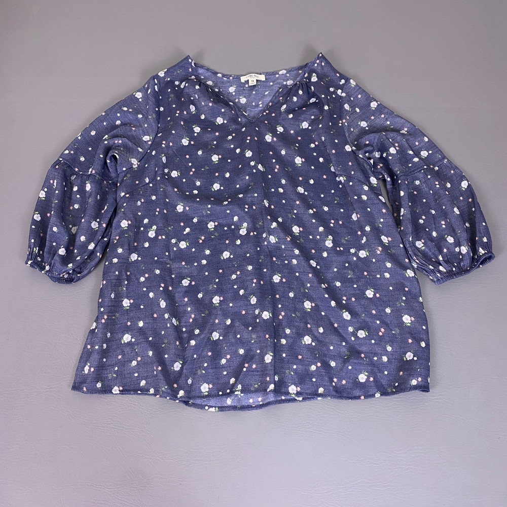 Como Blu‎ Blouse Top Women's Plus Size 1X Blue Floral 3/4 Tiered Sleeve V-Neck